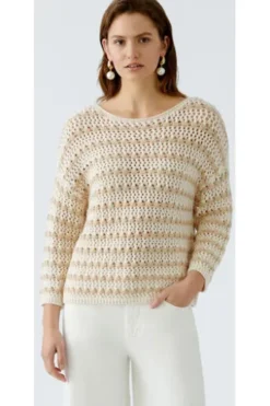 OUI Lässiger Sommerpullover in aufwendiger Stricktechnik white camel gestreift 7/8-Arm