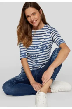 RABE T-Shirt Denim Love dunkel jeans gestreift Kurzarm