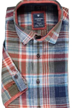 REDMOND Leinen Hemd Braun kariert Comfort Fit Kurzarm