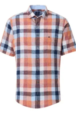 REDMOND Leinen Hemd orange kariert Regular Fit Kurzarm