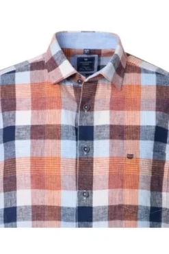 REDMOND Leinen Hemd orange kariert Regular Fit Kurzarm