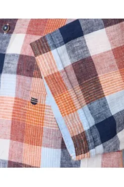 REDMOND Leinen Hemd orange kariert Regular Fit Kurzarm