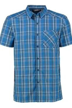 REGATTA Funktionshemd Mindano blau kariert Regular Fit Kurzarm