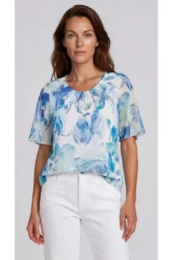 SOMMERMANN Blusenshirt blau geblümt Kurzarm