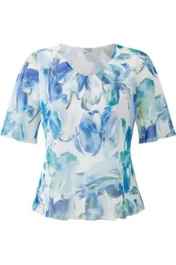 SOMMERMANN Blusenshirt blau geblümt Kurzarm