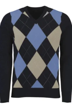 WILLIAM LOCKIE Lambswool V-Ausschnitt Pullover Argyle navy